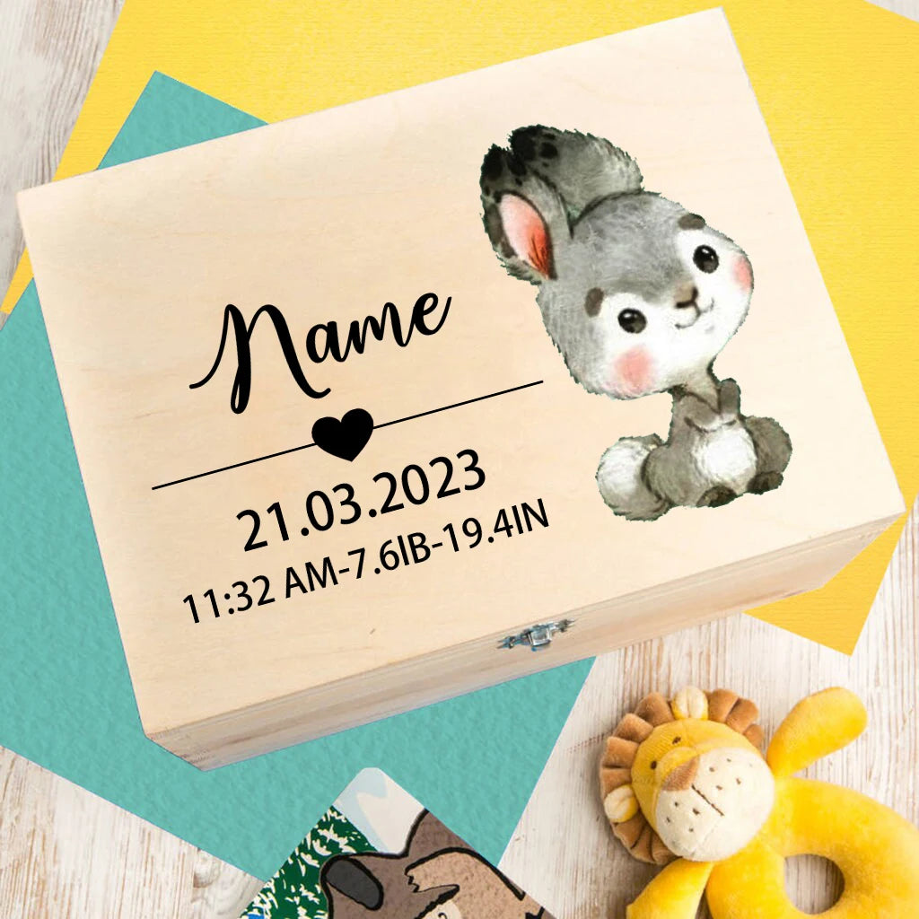Custom Wooden Baby Box Newborn Baby Gift Personalised Infant Memory Box Cute Animal Print Wood Box Birth Stats Gift New Mom Gift