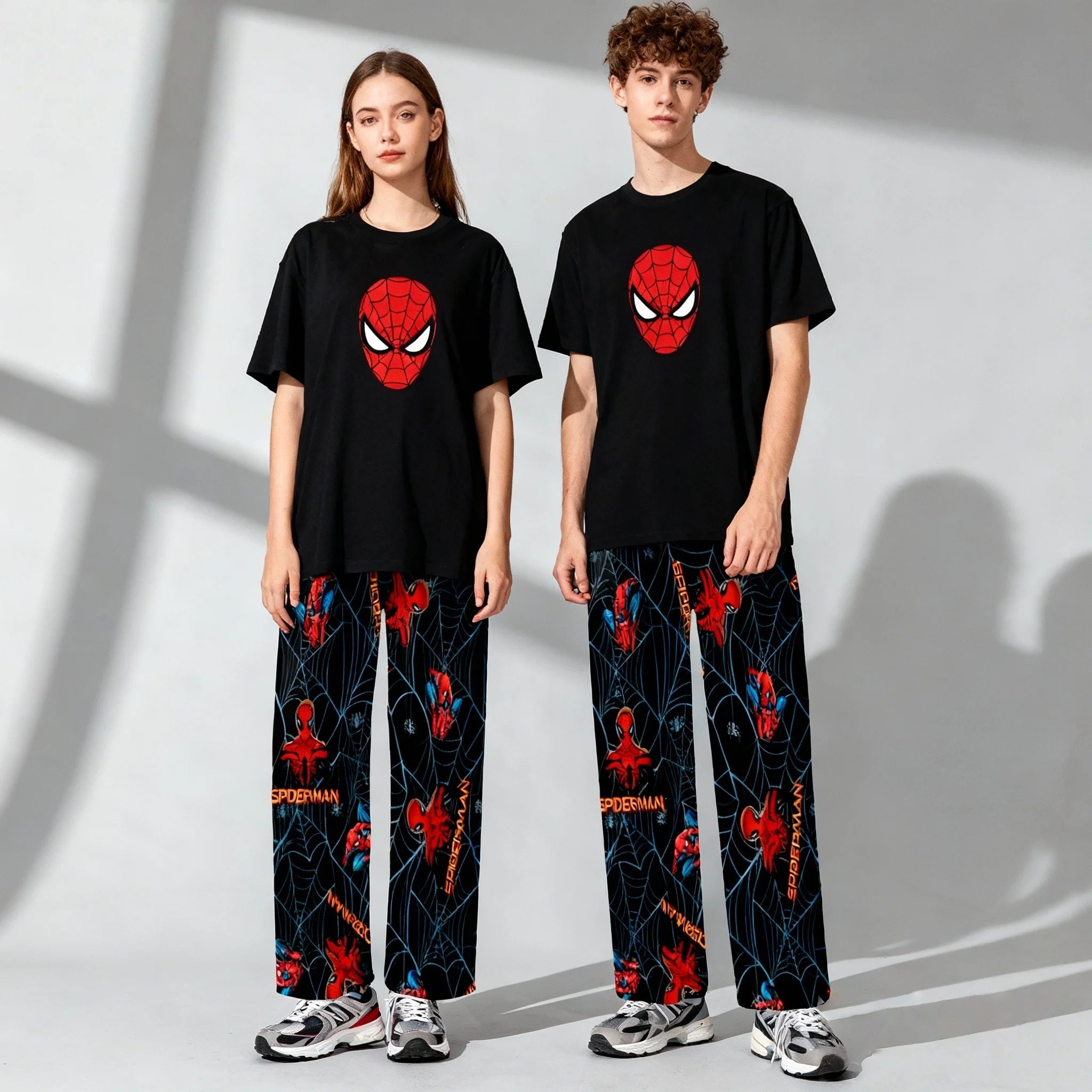 Spring and Autumn Hot Disney Series Sweet and Cool Spider Man Short Sleeved Pants Set for Adults and Children Parent Child Set