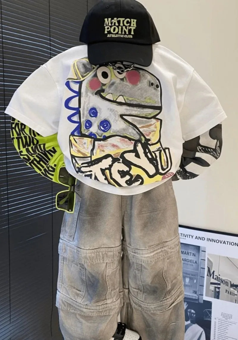 Fake Two Pieces Long Sleeve Cotton T-shirt Clothes for Boys Children's Tee Cartoon Fashion Clothing Korean Kids Boy 7 8 14 Years