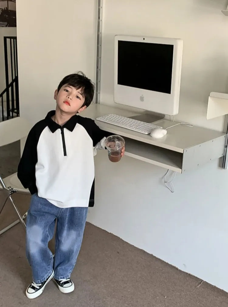 Boys' 2025 Spring/Autumn New Arrival Cotton Punk-Style Street-Savvy Trendy Polo Collar Sweatshirt - Stylish Baby Boys' Top