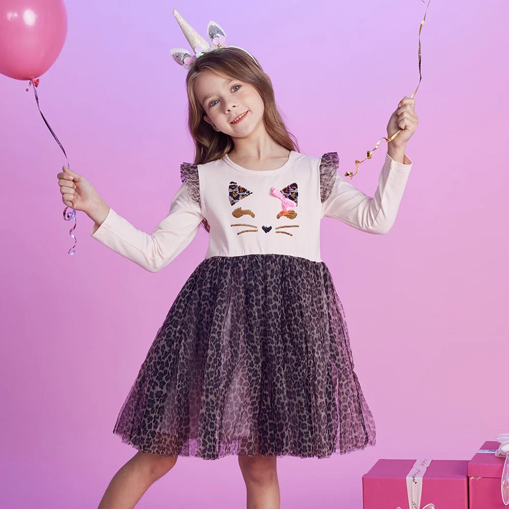 VIKITA Kids Leopard Print Dress Girls Cat Cartoon Flare Sleeve Princess Dresses Girls Autumn Spring Patchwork Fashion Dress