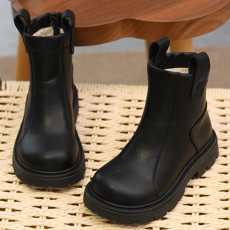 Girls' short boots, genuine leather, children's cotton boots, soft soled leather boots, children's shoes, 2025 autumn and winter