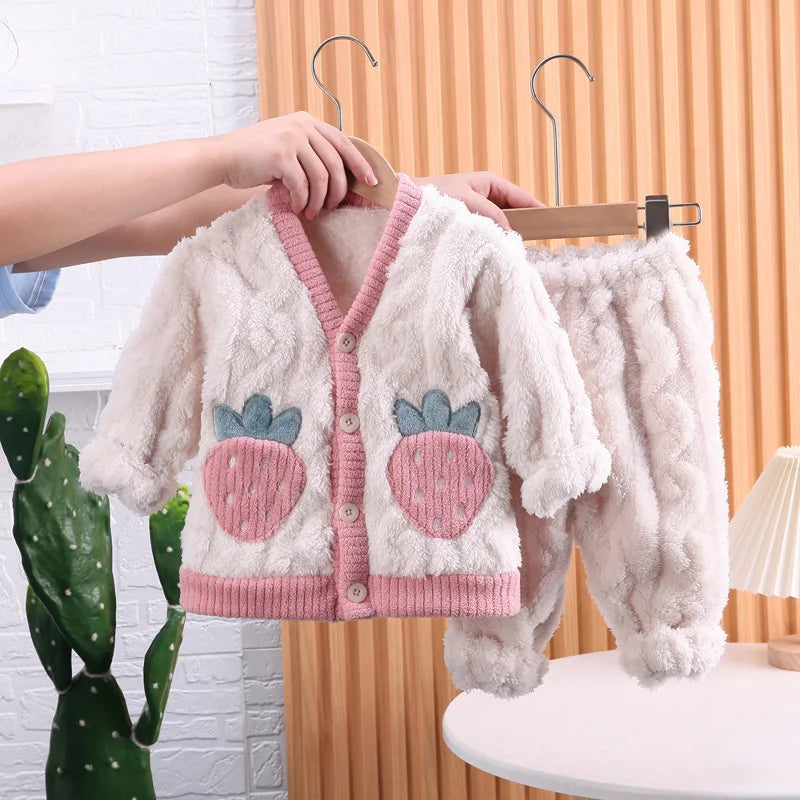 New Winter Baby Girls Clothes Suit Children Thick Warm Long Sleeved Pajama Top And Pants Toddler Casual Costume Kids Sleepwear