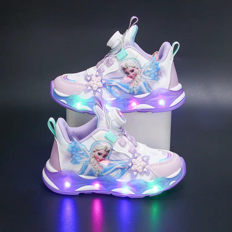 Disney LED Casual Sneakers Spring Girls Frozen Elsa Princess PU Leather Shoes Children Lighted Non-slip Pink Size 23-35