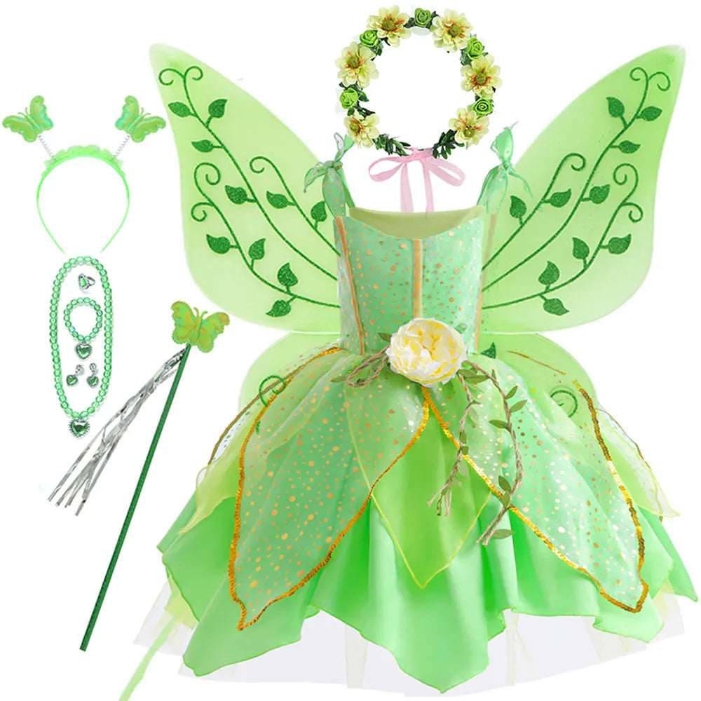 Disney Classic Elf Movie Tinker Bell Girls Play Fairy Dress Green Suspender Skirt With Wings and Flower Christmas Gift for Girls