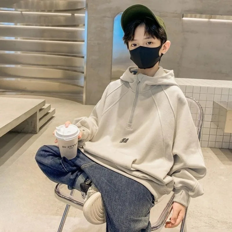 2025 New Boys' Mid-Large Spring-Autumn & Autumn-Winter Fleece-Lined Thickened Hooded Hoodie - Trendy Streetwear Boys' Top