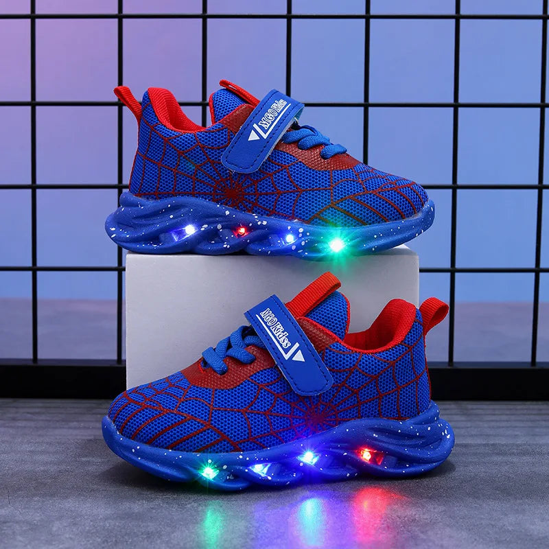 Disney LED Casual Sneakers Spider-Man Red Black For Spring Boys Mesh Outdoor Shoes Children Lighted Non-slip Shoes Size 21-30