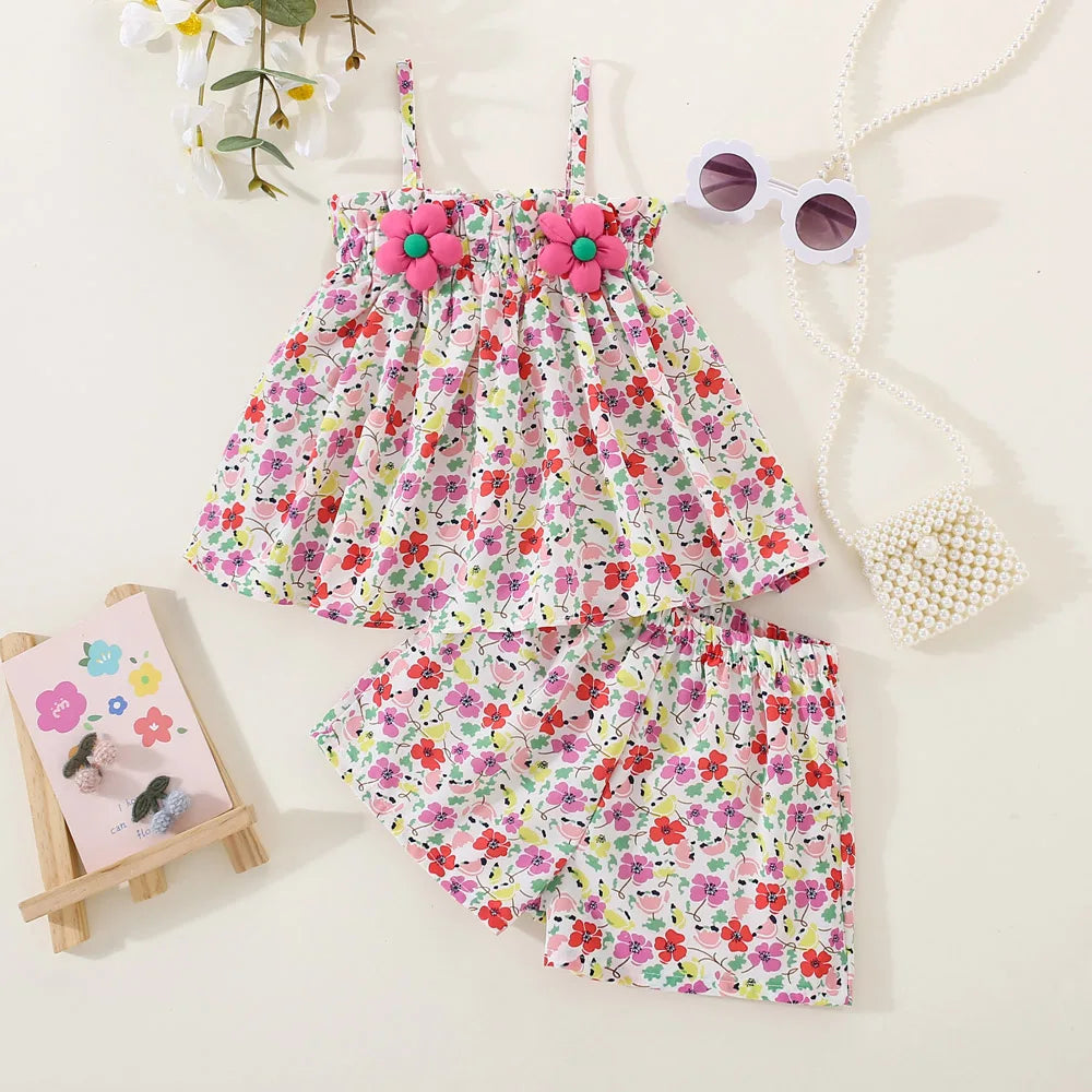 Summer New Floral Suspender Baby Girl Two-Piece Set, Beach Party Children'S Clothing Suitable For Babies Aged 9 Months - 3 Years