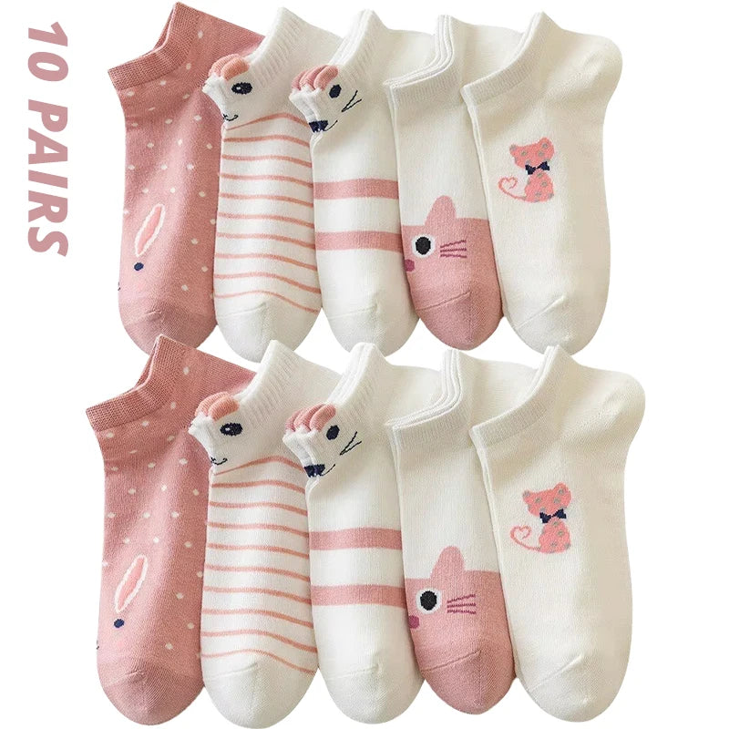 5/10/20 Pairs Women's Short Tube Socks Pink Cat Thin Four Seasons Cute Boat Sockslow Top Ins Trendy Socks