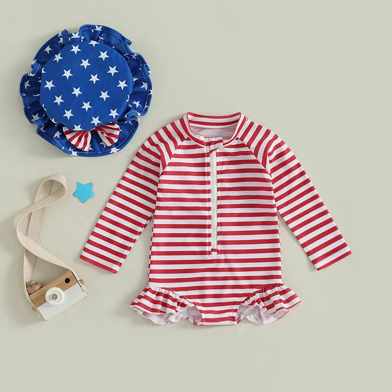 Children s Patriotic Swimsuit Set with Star and Stripe Print Ruffled Zipper Rash Guard Swimwear and Matching Swim Cap for