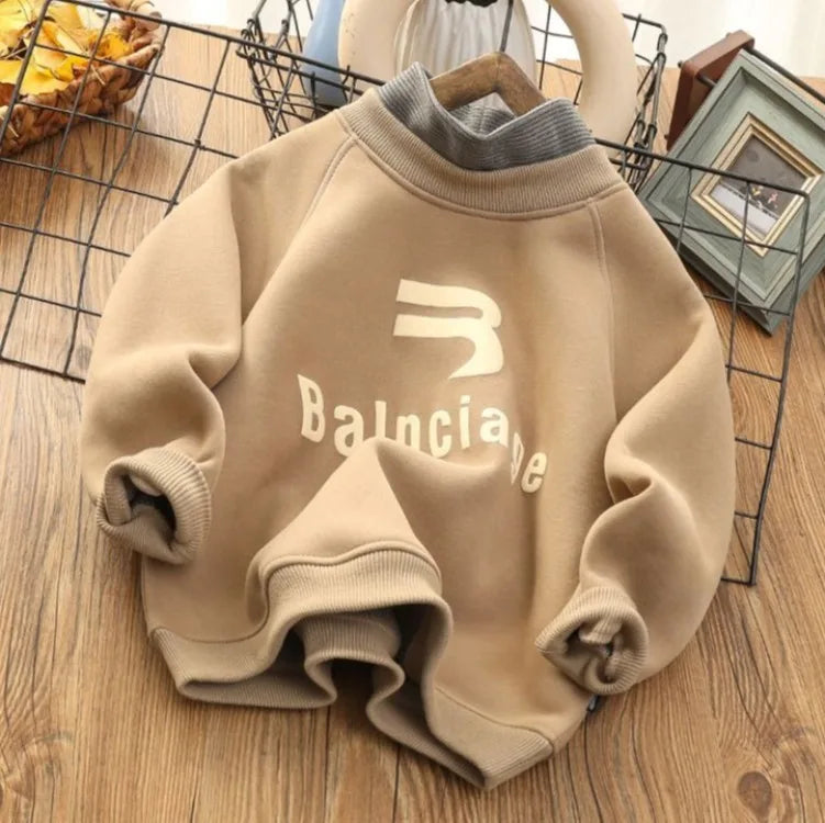 Boys' Big Kids Winter 2025 New Fake Two-Piece Fleece-Lined Mid-Collar Thickened Stylish Base Layer Sweatshirt Tops