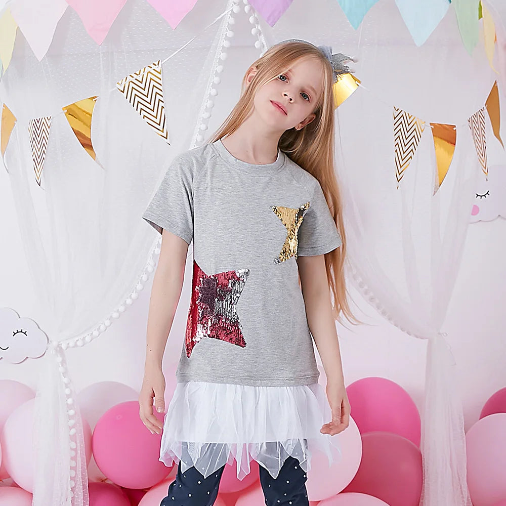 VIKITA Girls Star Sequined Appliqued O Neck Short Sleeve T Shirts Kids Summer Cotton Casual Daily Fashion Tees Tops Wear Clothes