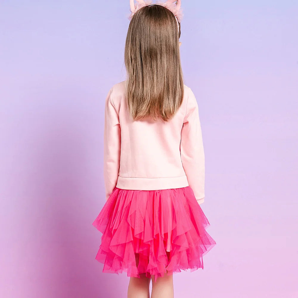 VIKITA Kids Hoodies Dress Girls Patchwork Pink Dresses Girls Sequined Butterfly Appliqued Mesh Tulle Princess Thick Tutu Dress