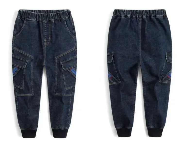 Autumn Winter Boys Fleece-Lined Cargo Pants/Korean Style Thickened Jeans for Toddler Boys