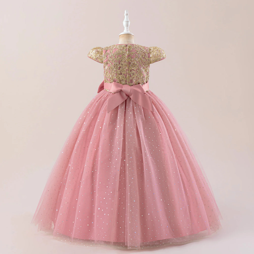 Elegant Bow Bridesmaid Party Girls Dress Sequin Flower Wedding Birthday Princess Dress Girl Tulle Prom Performance Gala Costumes
