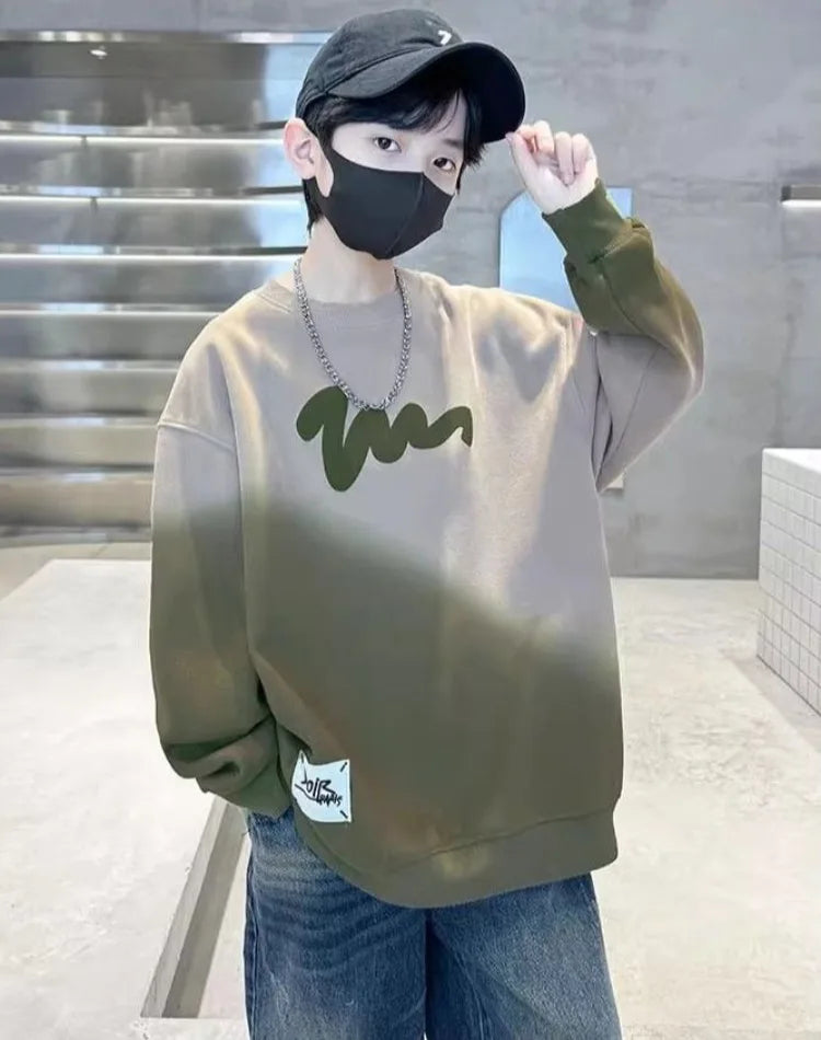 Boys' Medium-Large 2025 Autumn/Winter Trendy Fleece-Lined & Thickened Warm Loose Fit No Hood Sweatshirt