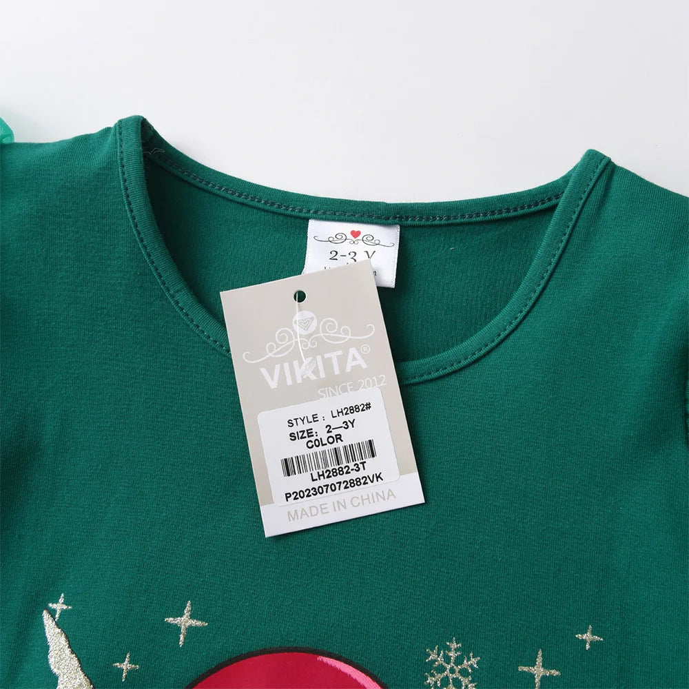 VIKITA Christmas Unicorn Snowflake Print Dress for Girls Kids Green Cotton Festival Xmas New Year Party Dresses Gift Costumes