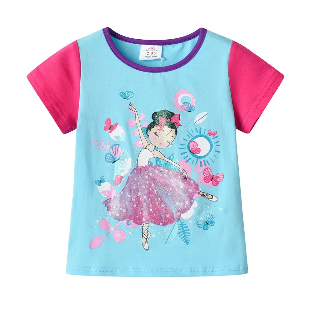 VIKITA Girls Doll Print Cartoon T Shirt Kids O Neck Cotton School Daily Tops and Tees Casual Wear Kids Summer Short Sleeve Tees