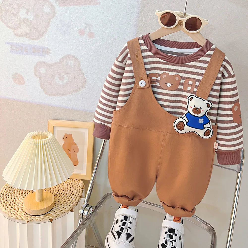 New Autumn Baby Girls Clothes Set Children Boys Striped T-Shirt Overall 2Pcs/Set Kids Clothing Infant Costume Toddler Tracksuits