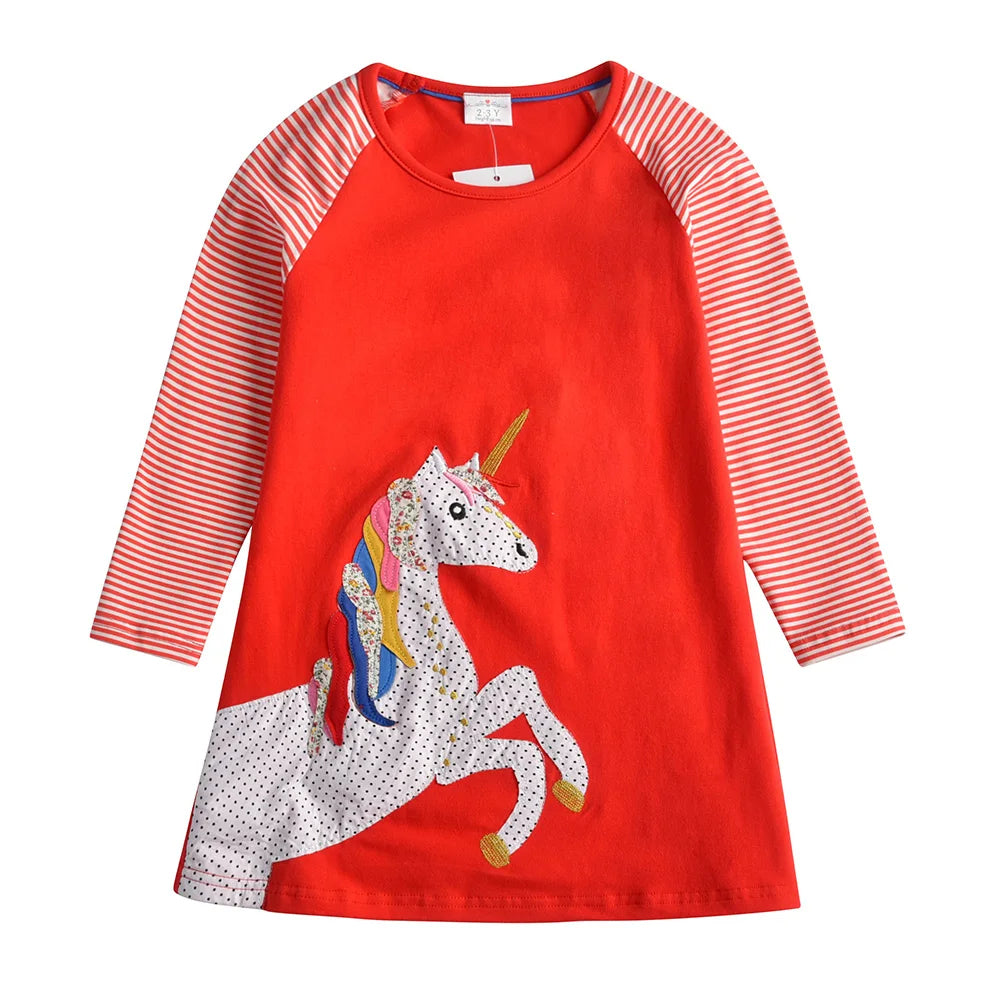 VIKITA Children Cotton Casual Daily School Straight Dress Kids Licorne Cartoon Appliqued Red Striped Long Sleeve Dresses 3-5 Yrs