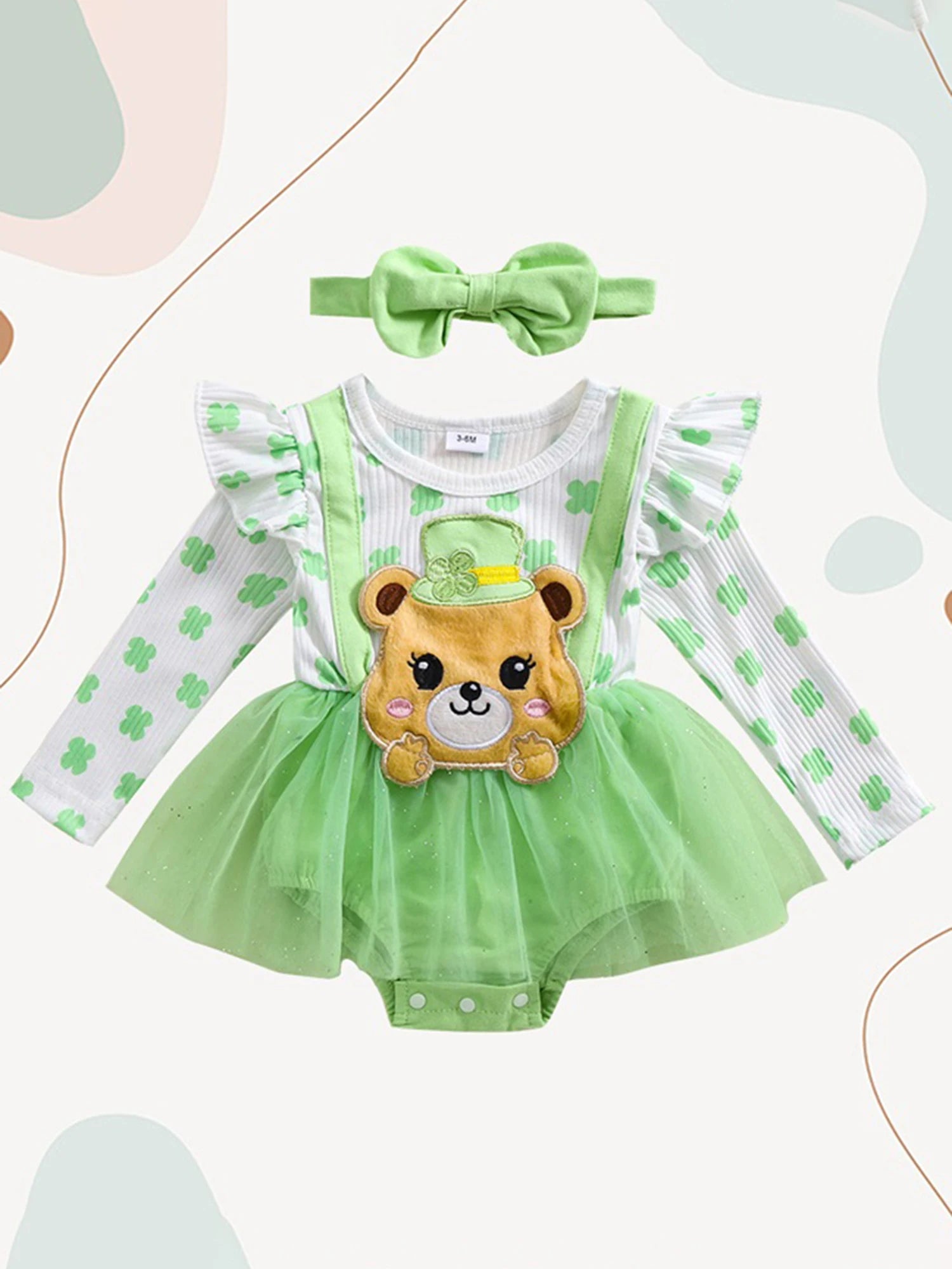 Infant Girls Floral Print Long Sleeve Romper Dress with Bear Embroidery and Matching Headband for Spring Season