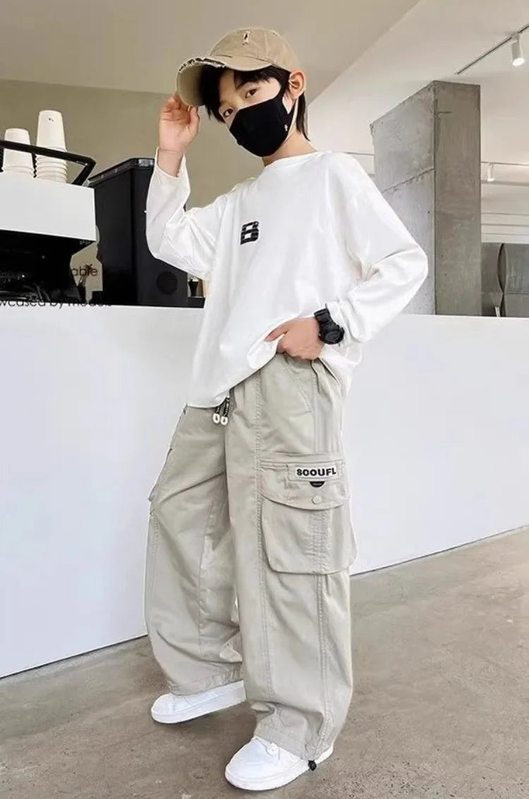 2025 Spring Autumn Boys' Cuffed Cargo Pants Straight Leg Cotton Stylish New Design