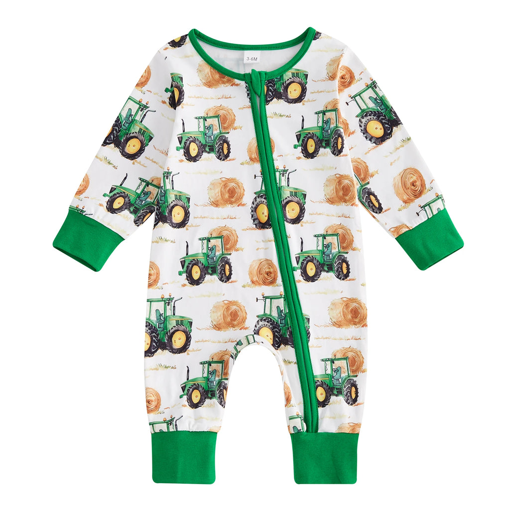 Toddler Unisex Autumn Coverall with Cute Farm Vehicle Pattern Easy Zip Closure and Cozy Crew Neck for All-Day Play