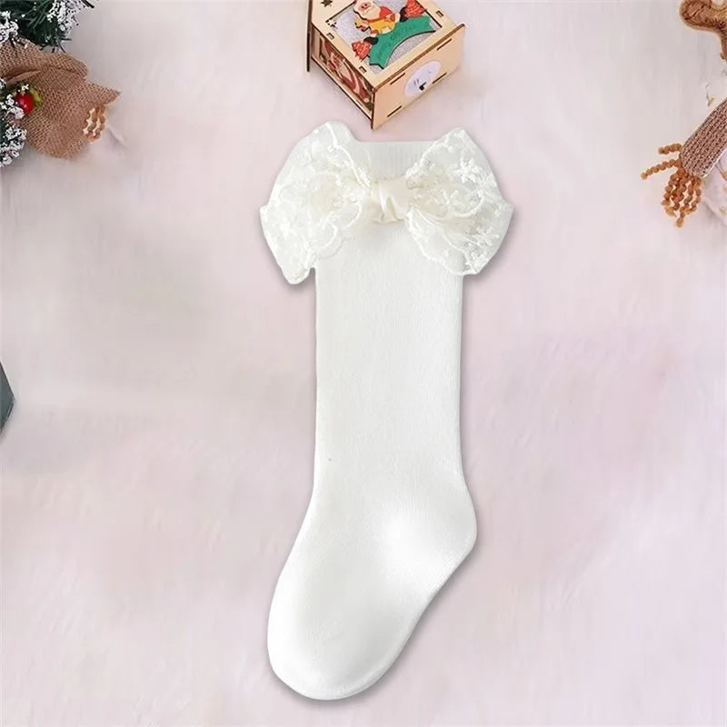 Adorable Baby Girl Knee-High Socks with Lace Bow Detail and Non-Slip Grip - Perfect for Spring and Summer Wear