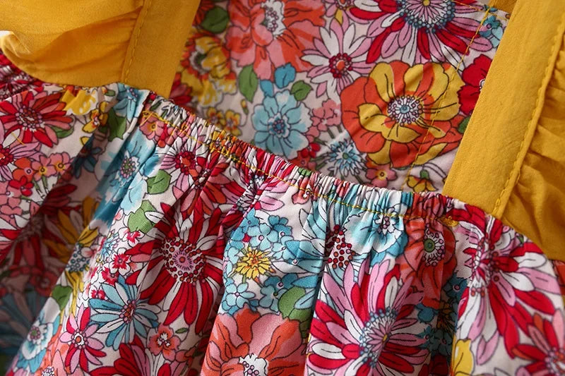 New Summer Baby Girls Dress Floral Print Full Print Sweet Princess Dress Bow Ribbon Small Flying Sleeves + Hat (0-3 Years)