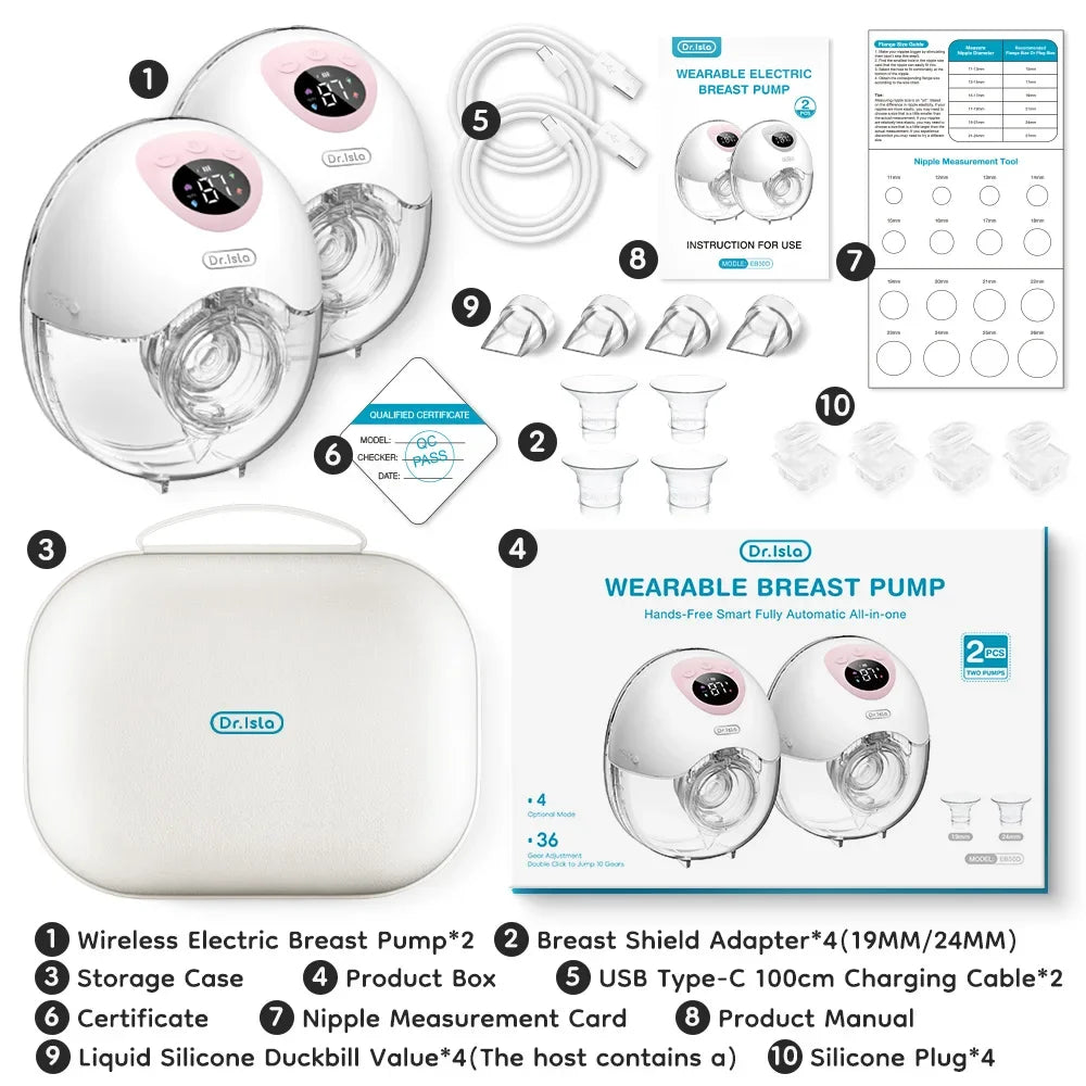 2PCS Wearable Electric Breast Pump 4Modes 36Suction Levels Breast Pump Milk Collector Gift Travel bag 19/24mm Flange