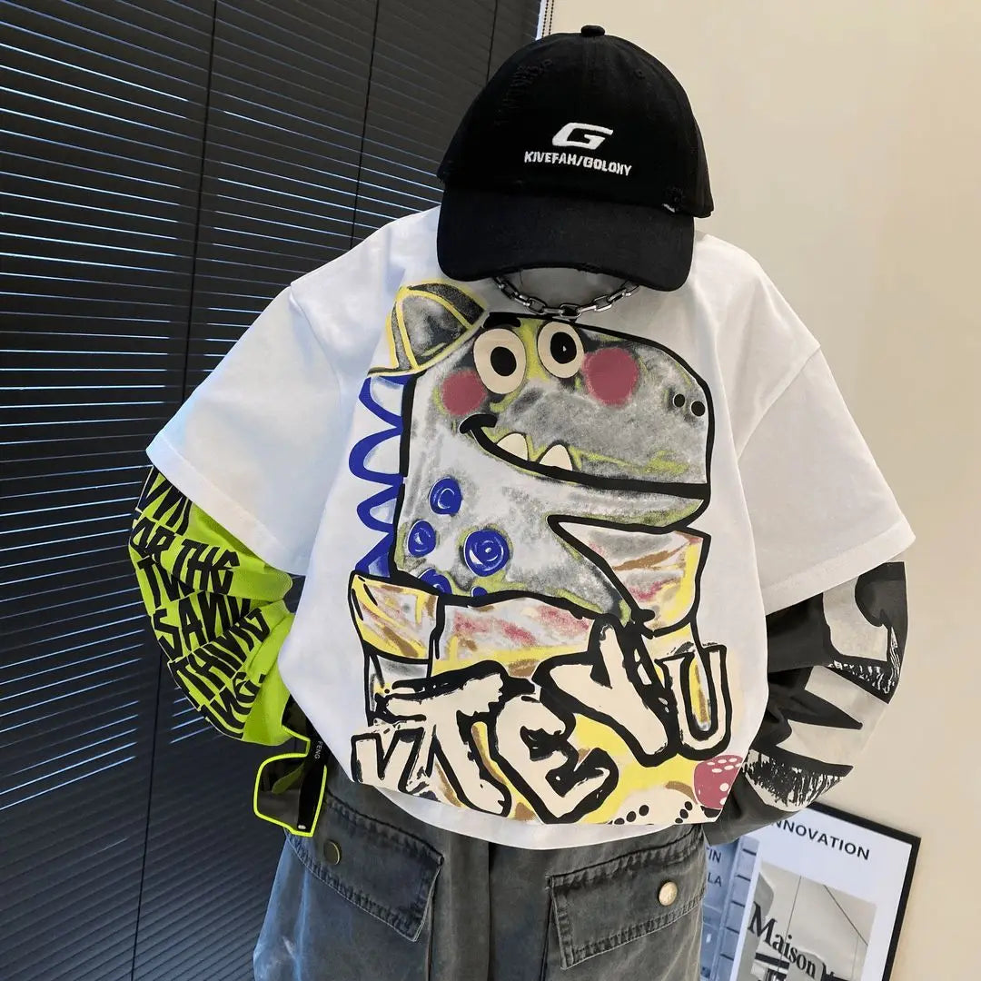 Fake Two Pieces Long Sleeve Cotton T-shirt Clothes for Boys Children's Tee Cartoon Fashion Clothing Korean Kids Boy 7 8 14 Years