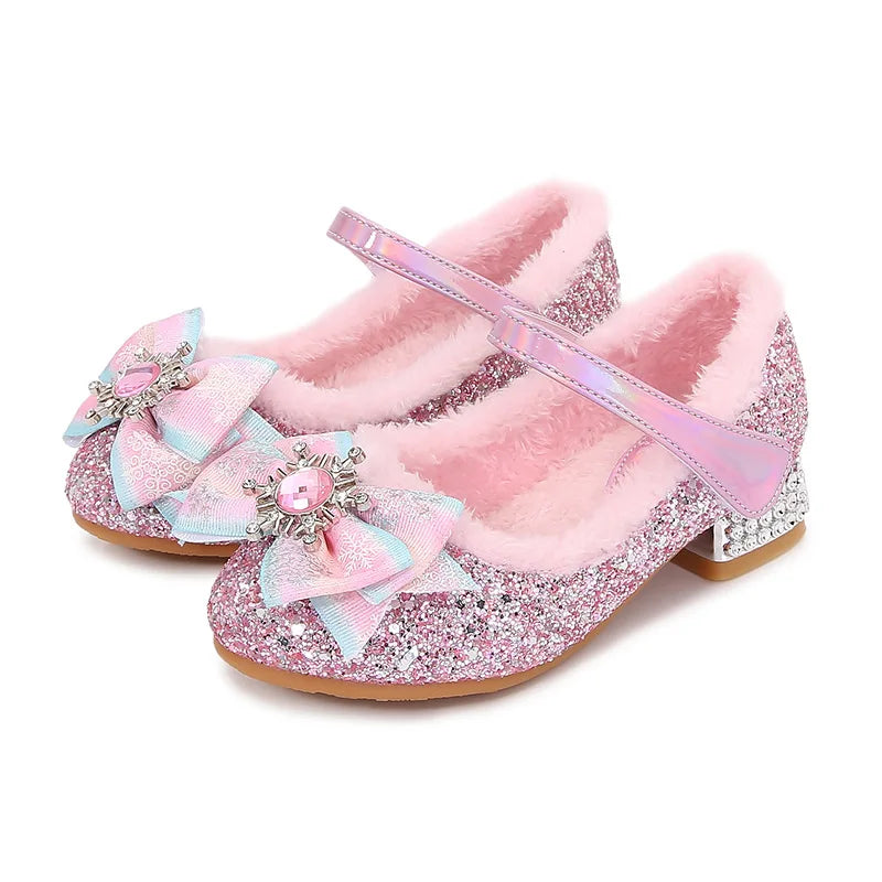 Disney Elsa Girls' High Heel Bowknot Blue Pink Fashion Children's Girl Crystal Princess Warm Winter Shoes Gift Size 23-36