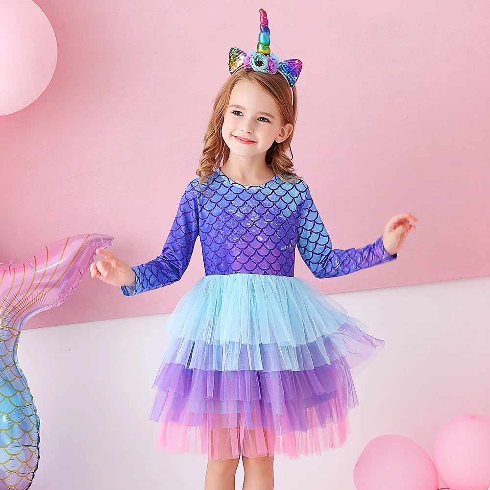 VIKITA Girls Mermaid Print Princess Dress Girl Cake Layered Performance Tutu Dresses Kids Long Sleeve Autumn Winter Party Dress