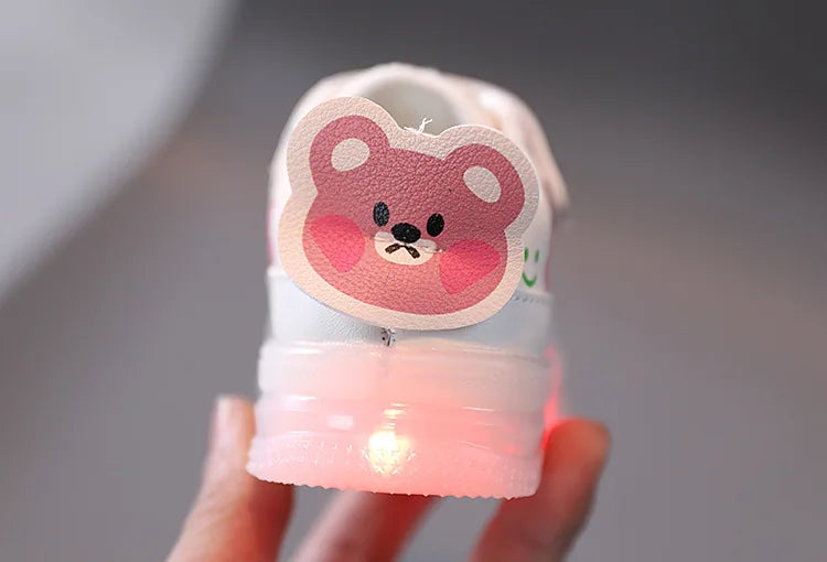 Disney LED Casual Sneakers For Spring Outdoor Cartoon Shoes Children Lighted Non-slip PU Leather Bear White Shoes Size 21-30