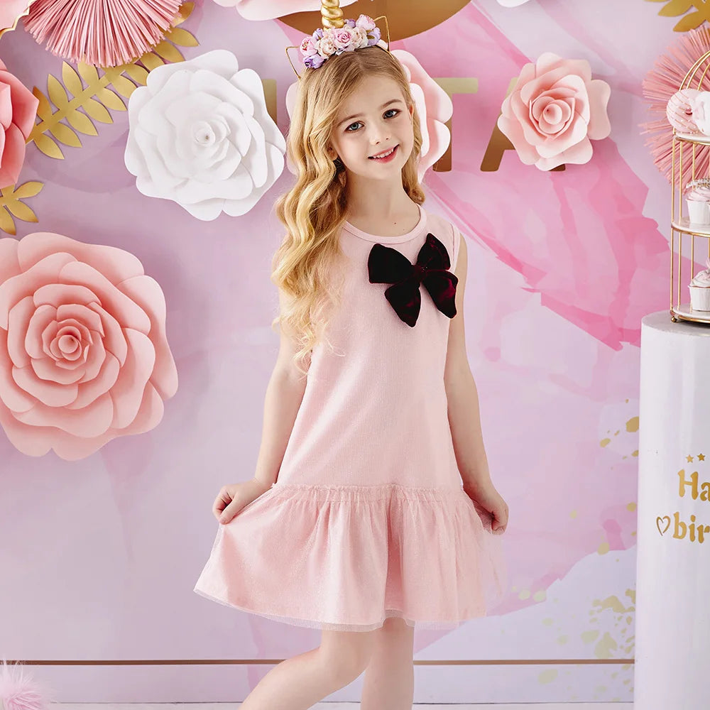 VIKITA Girl Pink Dress Kids Sleeveless Summer Vestidos Toddlers BowKnot Ruffles Cotton Casual Dresses Children Clothing 3-7 Yrs