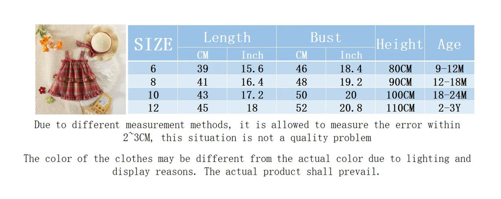 2Pcs/SetGirl's Dress Summer New Children's French Sweet Sling Dress Little Girl Red Checkered Cake Dress Comes with Hat