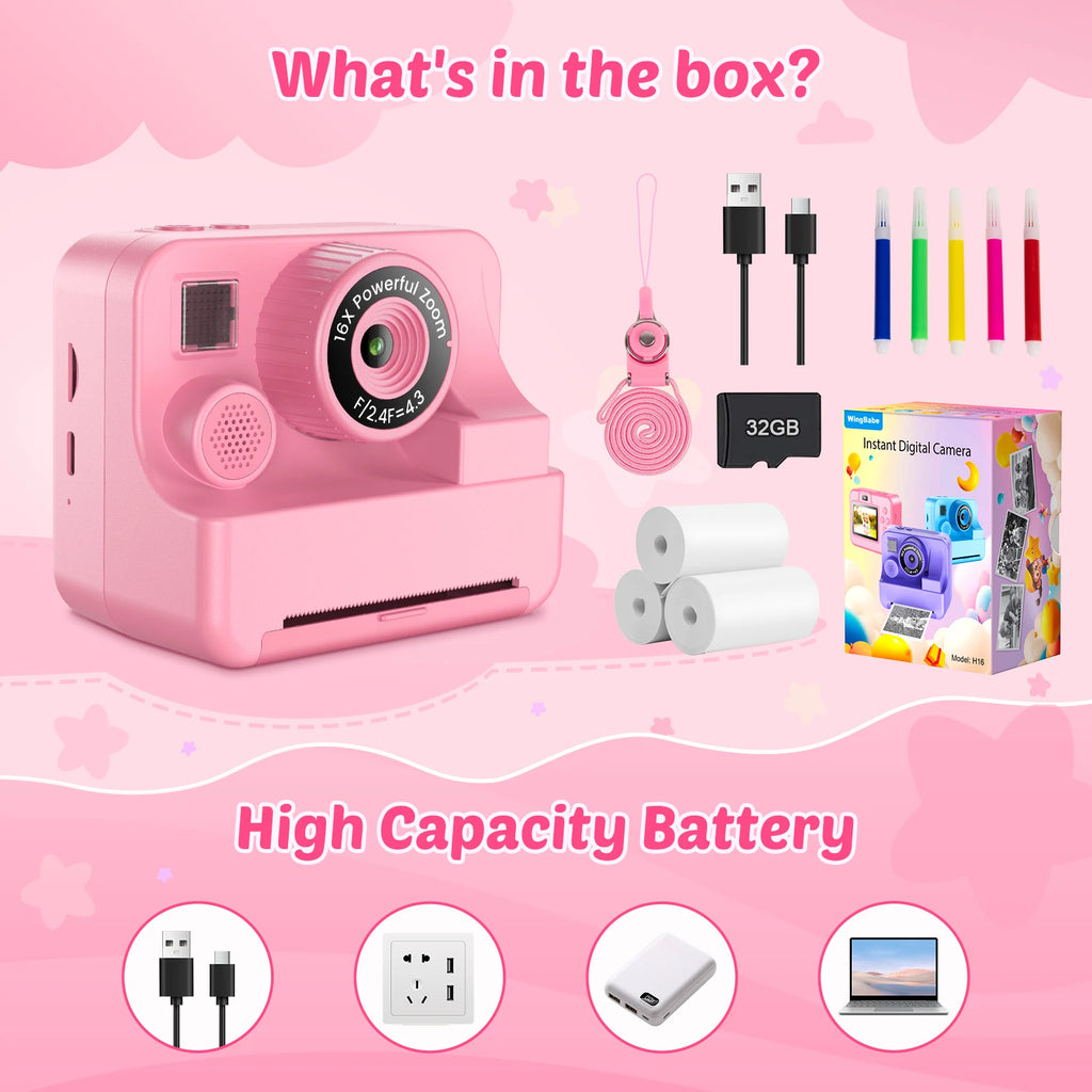 New Bee Kids Instant Print Camera 1080P HD Dual Lens Selfie 32GB Digital Camera for Girls Boys Christmas Birthday Gifts Toys