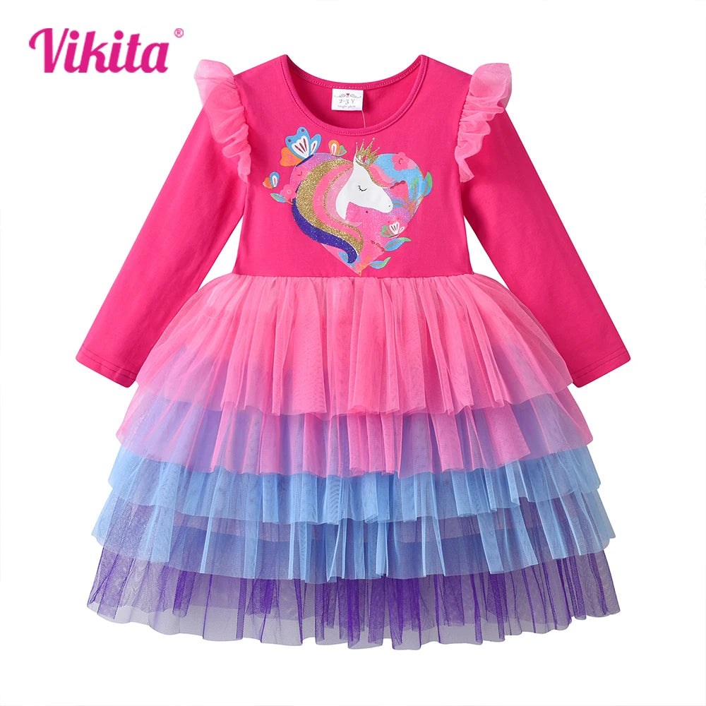 VIKITA New Girls Unicorn Pink Dress Kids Layered Mesh Tulle Tutu Princess Dresses Kids Prom Gown Long Sleeve Autumn Spring Dress
