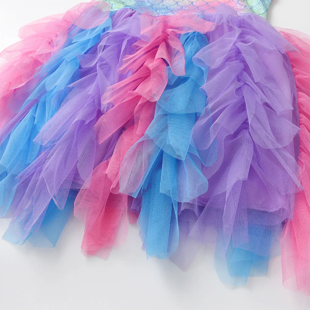 VIKITA Kids Flare Sleeve Dress Girls Summer Vestidos Toddlers Mermaid Print Dresses Girl Irregular Mesh Tulle Layered Cake Dress