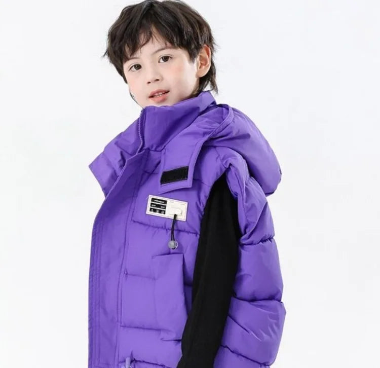 2025 Kids Puffy Windproof Quilted Sleeveless Jacket Korean Style Oversized Cargo Vest for Toddler Boys Thermal Insulated Outdoor
