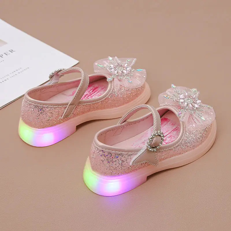 Disney Children's High Heel Princess Elsa Party LED Light Shoes Summer Girls Sandals Baby Girls' Crystal Blue Pink Shoes 23-34