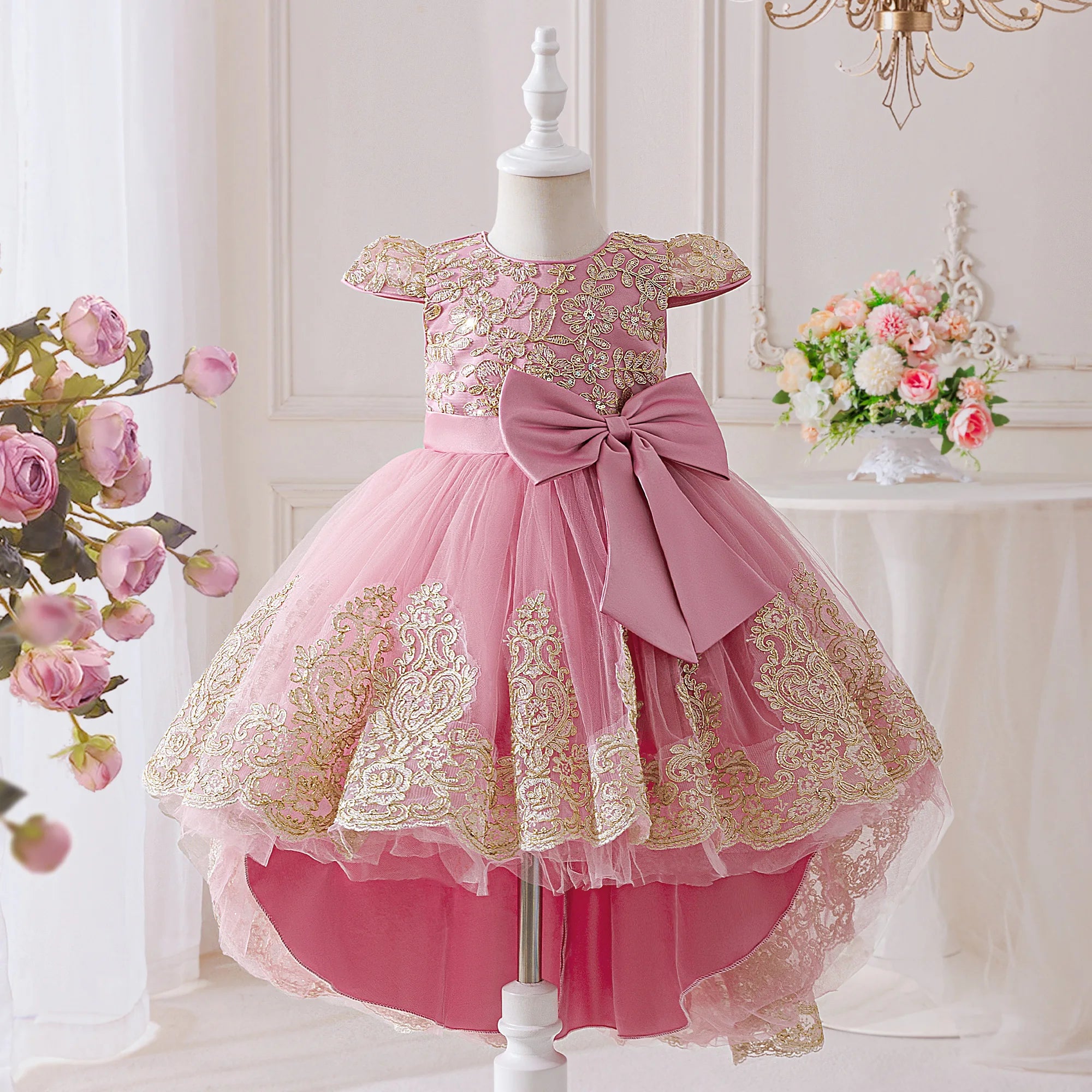 Elegant Embroidery Bow Bridesmaid Party Girls Dress Trailing Flower Wedding Birthday Princess Dresses Girl Evening Prom Vestidos