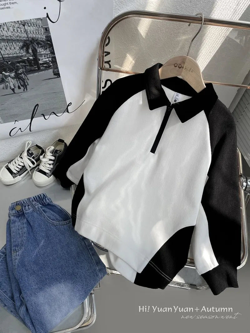 Boys' 2025 Spring/Autumn New Arrival Cotton Punk-Style Street-Savvy Trendy Polo Collar Sweatshirt - Stylish Baby Boys' Top