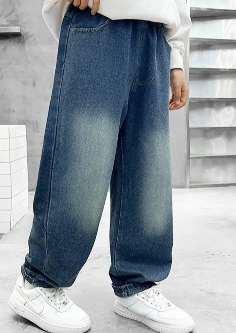 2025 New Boys' Loose Fit Jeans for Kids - Korean Style Washed Denim Long Pants, Trendy & Comfortable