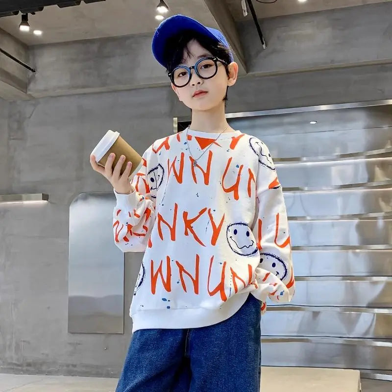 Boys' Medium-Large 2025 New Spring/Autumn No Hood Sassy Street-Style Long Sleeve Layering Top Sweatshirt
