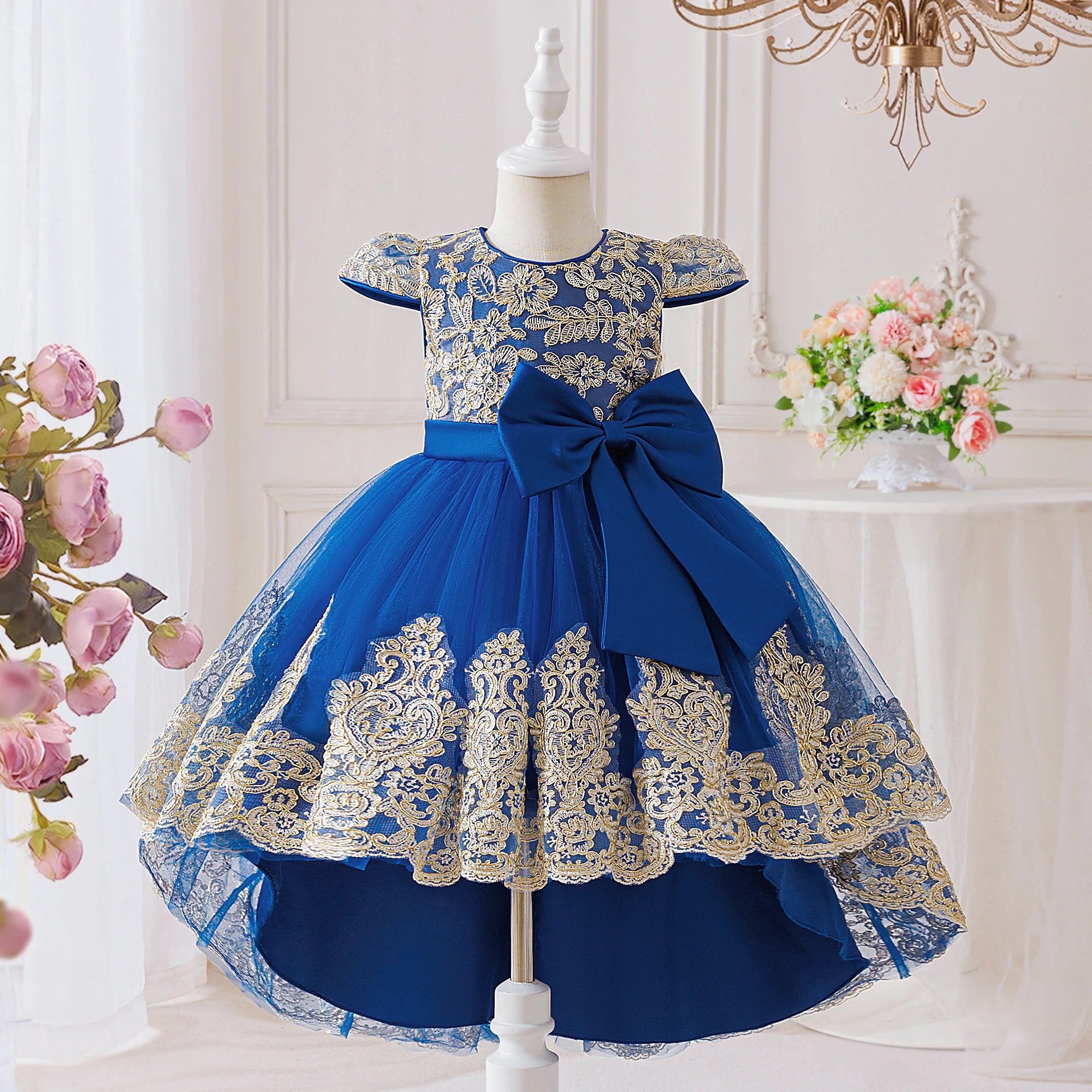 Elegant Embroidery Bow Bridesmaid Party Girls Dress Trailing Flower Wedding Birthday Princess Dresses Girl Evening Prom Vestidos