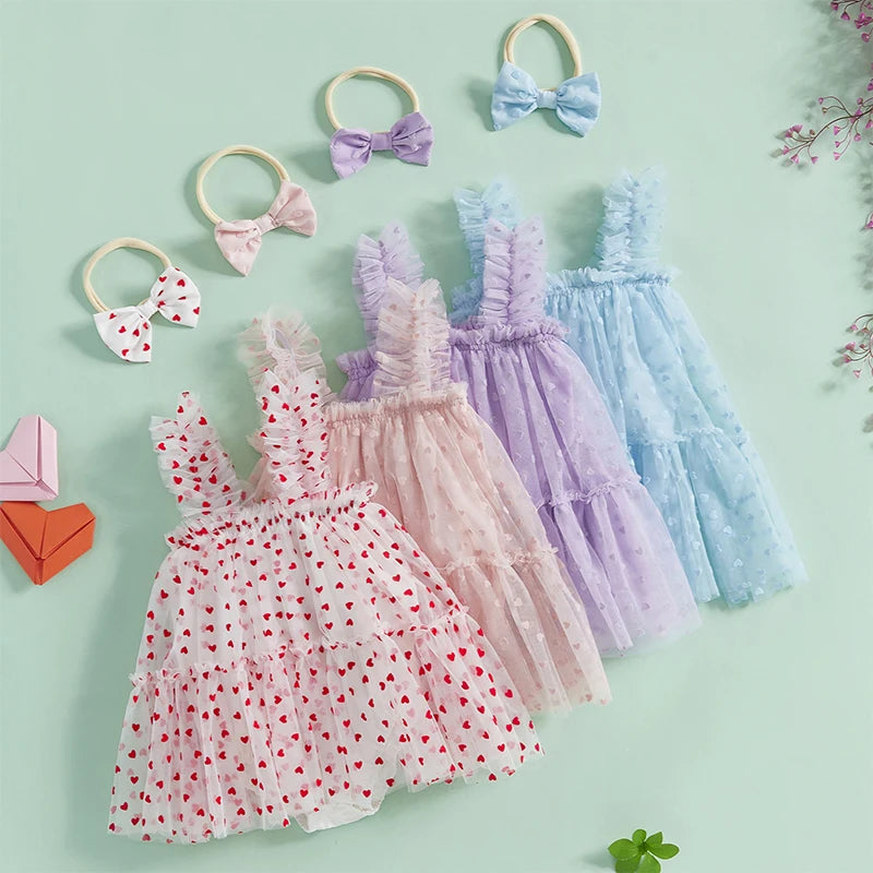 Toddler Girls Floral Print Ruffle Sleeve Romper Dress with Matching Headband Set for Summer Beach Outfit