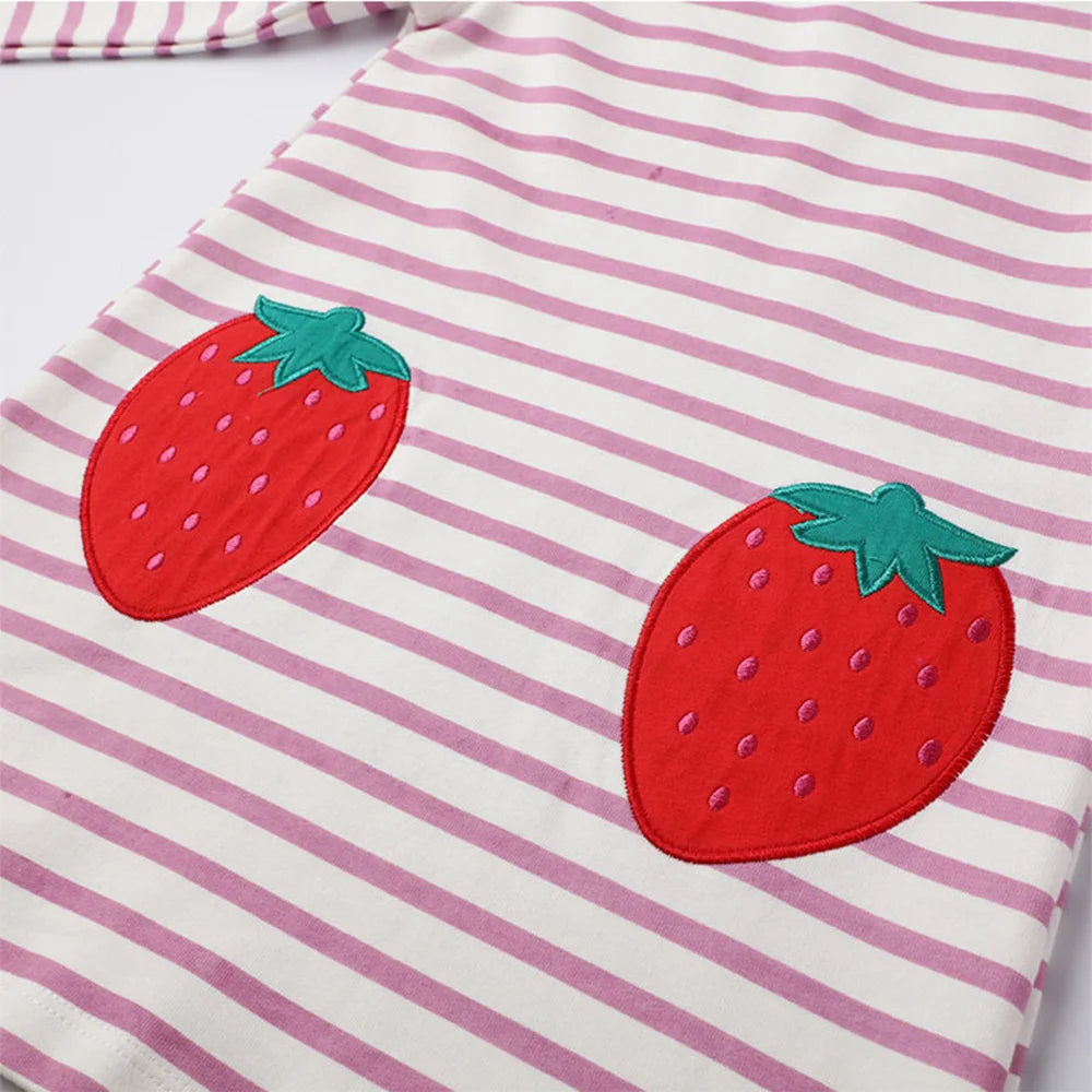 VIKITA Girls Autumn Hoodies Strawberry Pink Striped Straight Dresses Kids Sports Street Fashion Casual Cotton Hoodies Dress