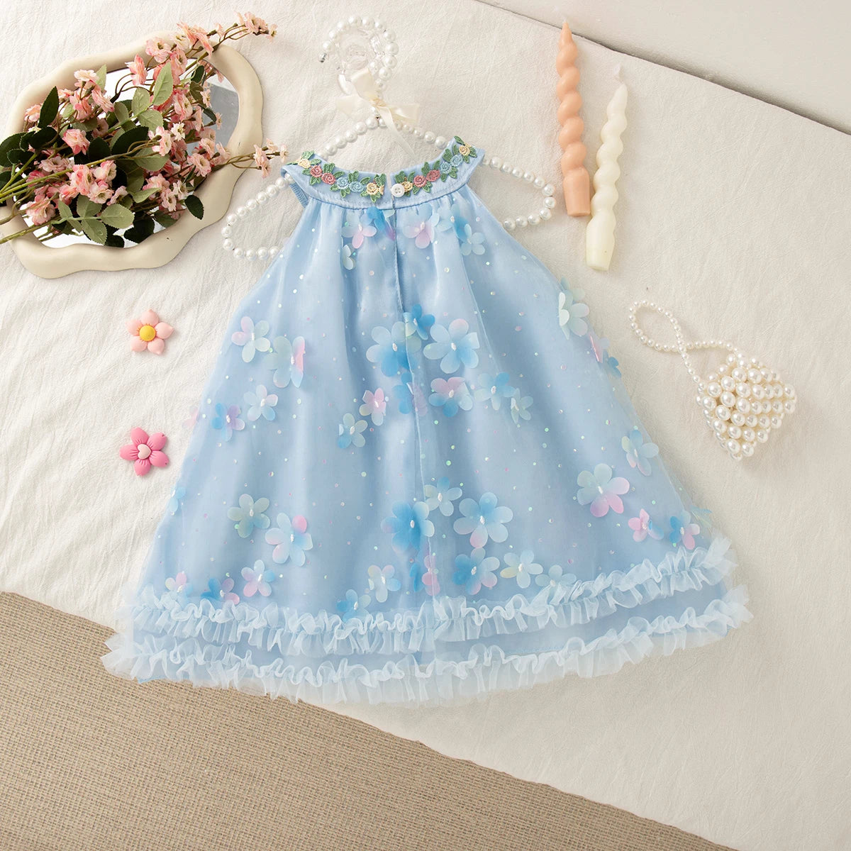 Summer New Floral Chiffon Baby Girl Princess Dress, Sweet Blue Children'S Clothing Suitable For Birthday Parties (0-4 Years Old)