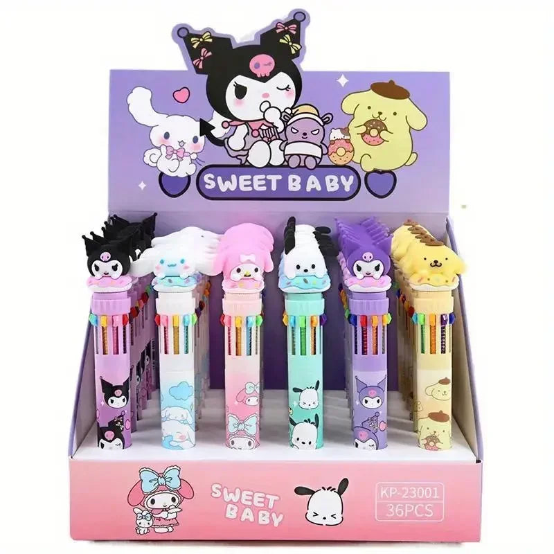 Sanrio 10-Color Ballpoint Pen Set - Kuromi Hello Kitty Cinnamoroll Kawaii 0.7mm Gel Pens for School Office Stationery Drawing Wr